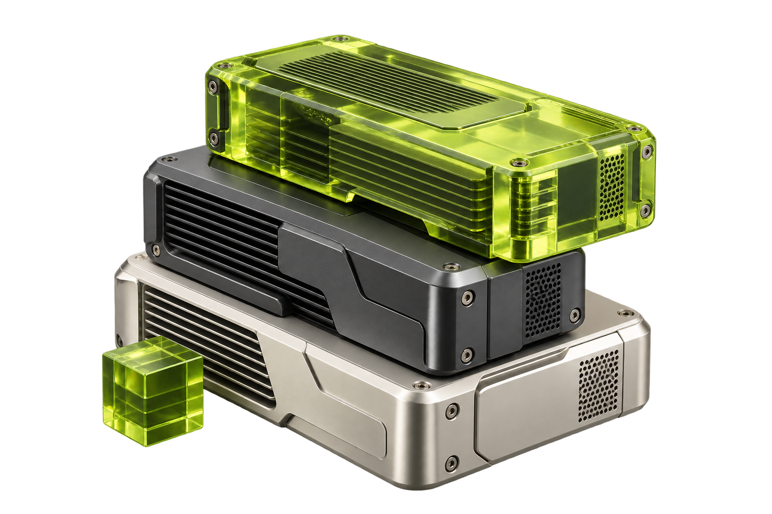 Sculptural stack of silver, graphite and translucent green computing modules